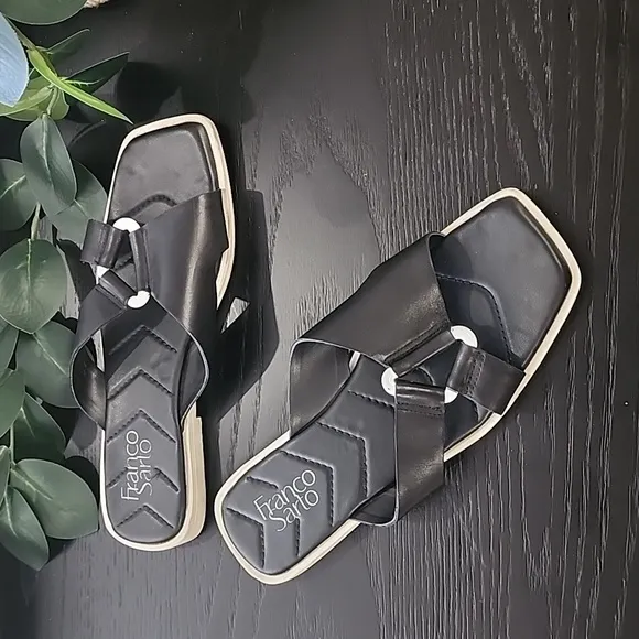 FRANCO SARTO Molana Leather Sandals 7.5 Slides Minimalist Buckle Square Toe