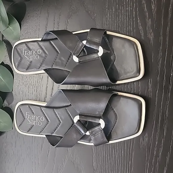 FRANCO SARTO Molana Leather Sandals 7.5 Slides Minimalist Buckle Square Toe