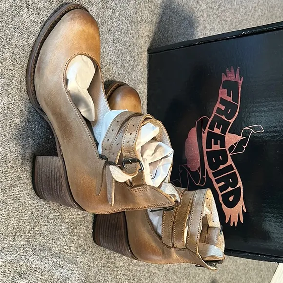 Free Bird Tan Heeled Boots with Adjustable Straps