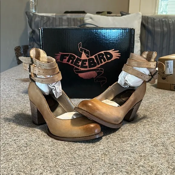 Free Bird Tan Heeled Boots with Adjustable Straps
