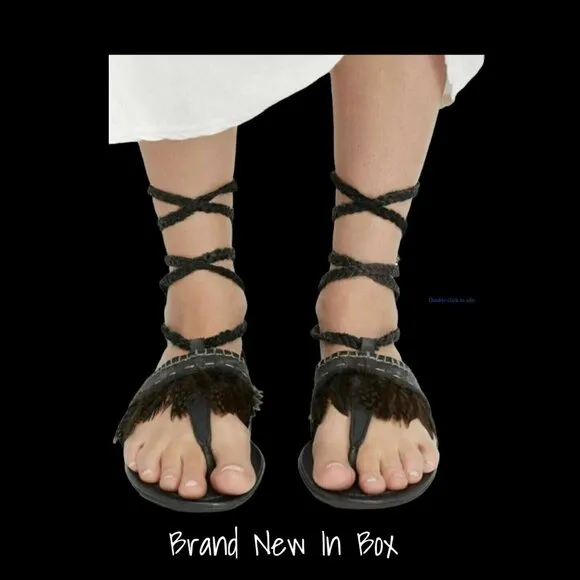 Free People Black Leather Feather Tie Up Gladiator Sandals  Bora Bora 38 8 New