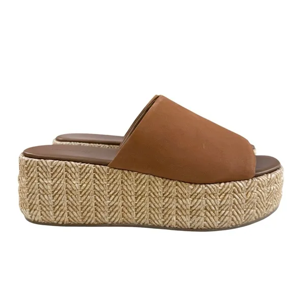 Free People Harbor Raffia Tan Leather Flatform Slide Sandals Size 9