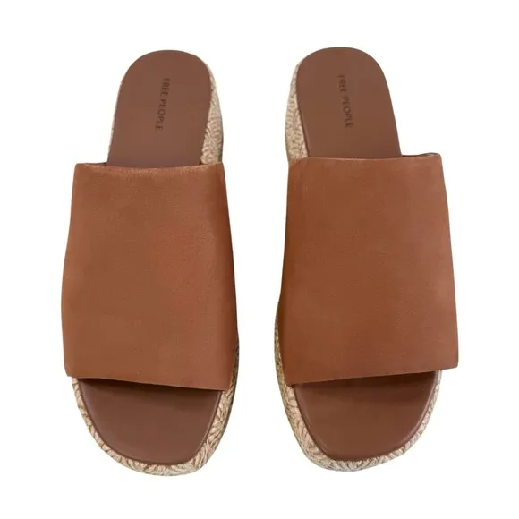 Free People Harbor Raffia Tan Leather Flatform Slide Sandals Size 9