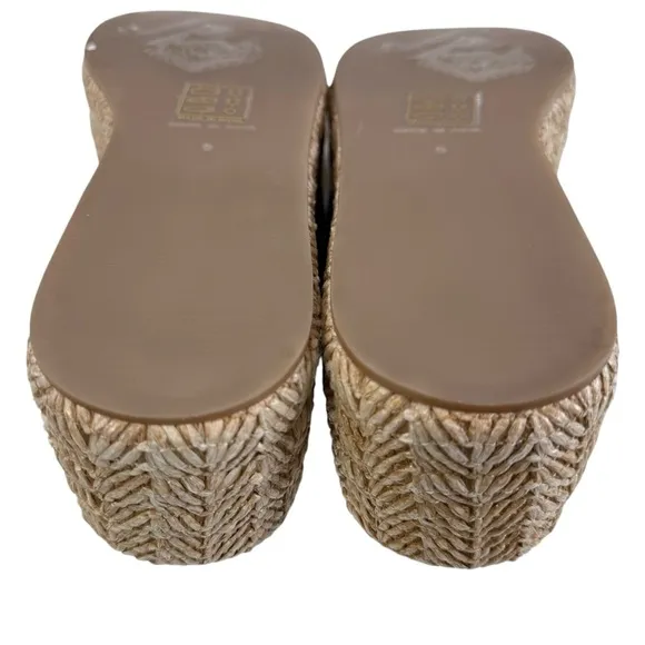 Free People Harbor Raffia Tan Leather Flatform Slide Sandals Size 9