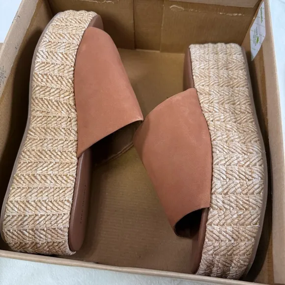 Free People Harbor Raffia Tan Leather Flatform Slide Sandals Size 9