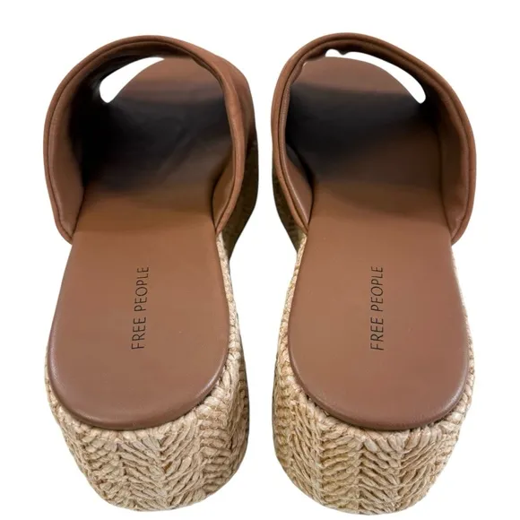 Free People Harbor Raffia Tan Leather Flatform Slide Sandals Size 9