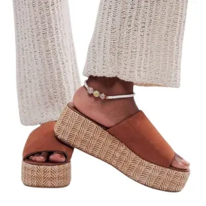 Free People Harbor Raffia Tan Leather Flatform Slide Sandals Size 9