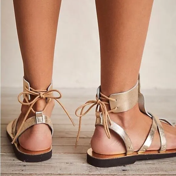 Free People Vacation Day Wrap Sandal  In Vintage Gold Leather Size 39.5 EU