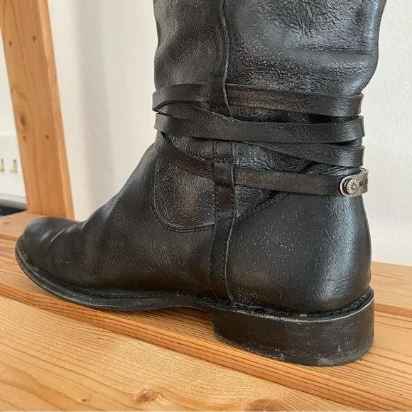 Frye Black Leather Shirley Riding Plate Tall Buckle Boots