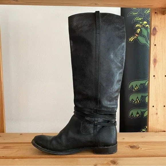Frye Black Leather Shirley Riding Plate Tall Buckle Boots