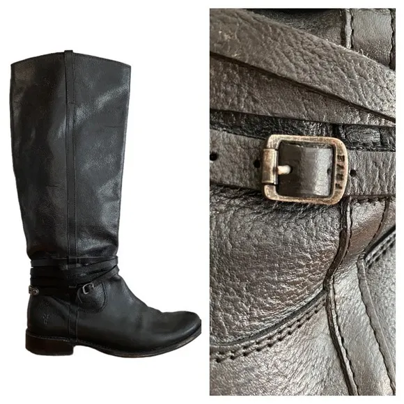 Frye Black Leather Shirley Riding Plate Tall Buckle Boots