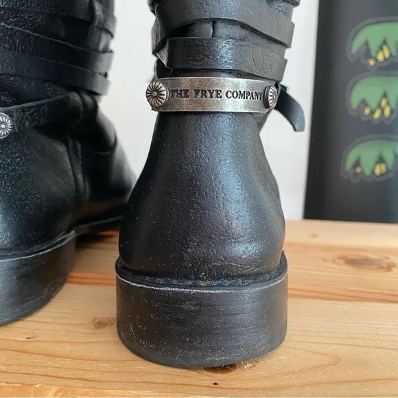Frye Black Leather Shirley Riding Plate Tall Buckle Boots