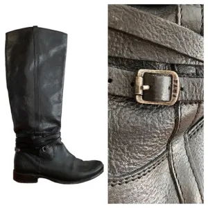Frye Black Leather Shirley Riding Plate Tall Buckle Boots