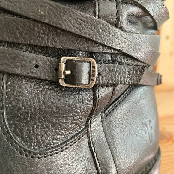 Frye Black Leather Shirley Riding Plate Tall Buckle Boots