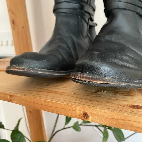 Frye Black Leather Shirley Riding Plate Tall Buckle Boots