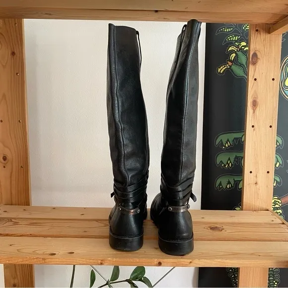 Frye Black Leather Shirley Riding Plate Tall Buckle Boots