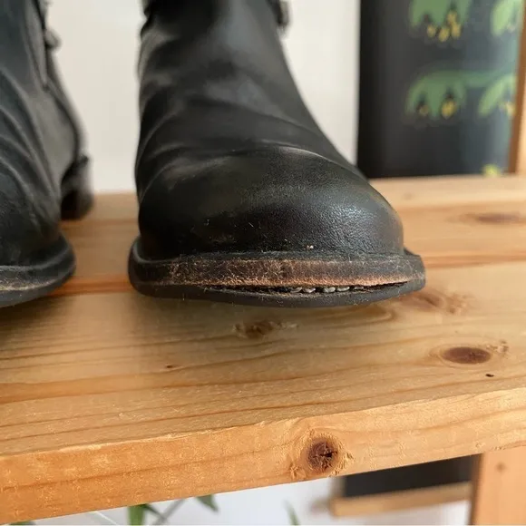 Frye Black Leather Shirley Riding Plate Tall Buckle Boots