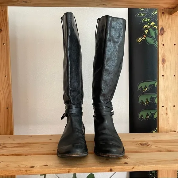Frye Black Leather Shirley Riding Plate Tall Buckle Boots