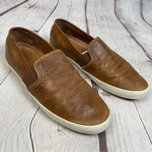 FRYE Dylan men's cognac brown leather slip-on loafer shoes, size 9.5