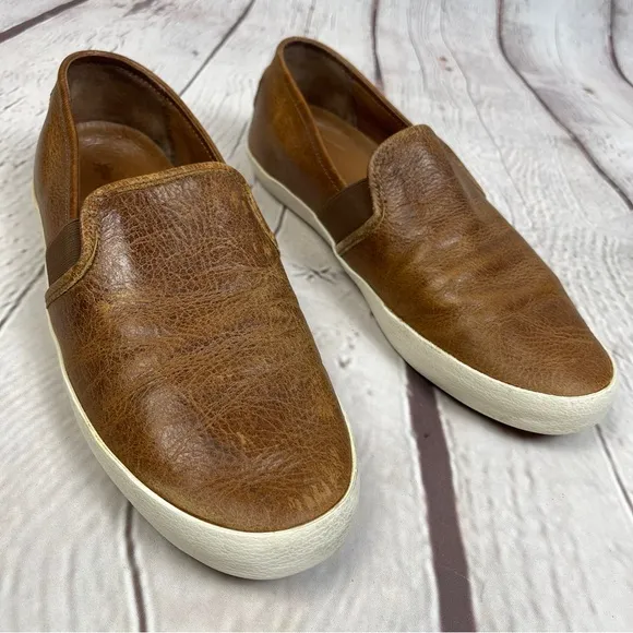 FRYE Dylan men's cognac brown leather slip-on loafer shoes, size 9.5