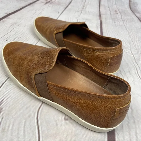 FRYE Dylan men's cognac brown leather slip-on loafer shoes, size 9.5