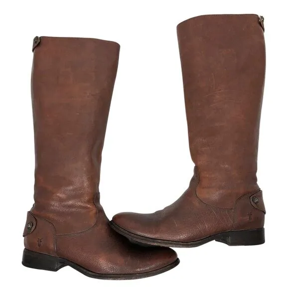 Frye Melissa Button Back Zip Boots Womens 8 Cognac Brown Leather Tall Riding