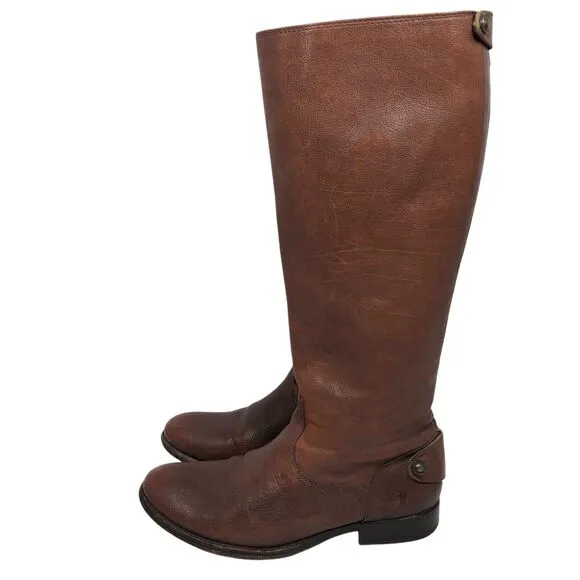 Frye Melissa Button Back Zip Boots Womens 8 Cognac Brown Leather Tall Riding