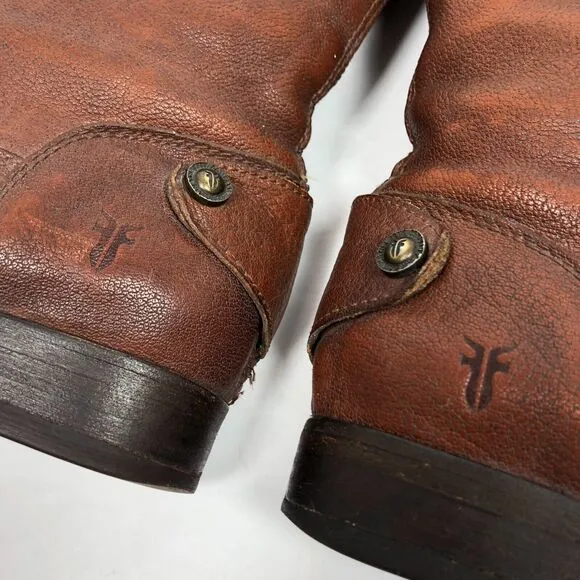 Frye Melissa Button Back Zip Boots Womens 8 Cognac Brown Leather Tall Riding