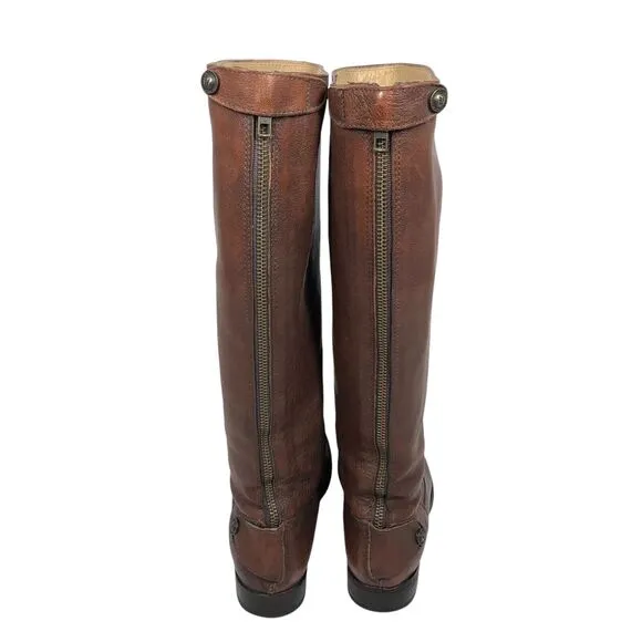 Frye Melissa Button Back Zip Boots Womens 8 Cognac Brown Leather Tall Riding