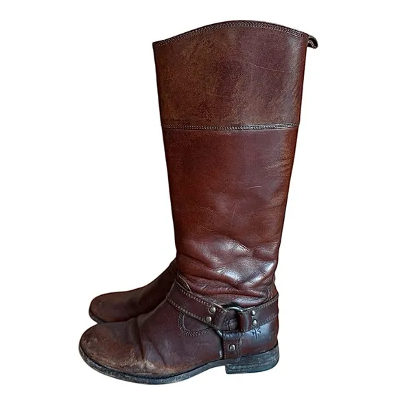 Frye Melissa Knee High Brown Harness Boots Size 5 1/2