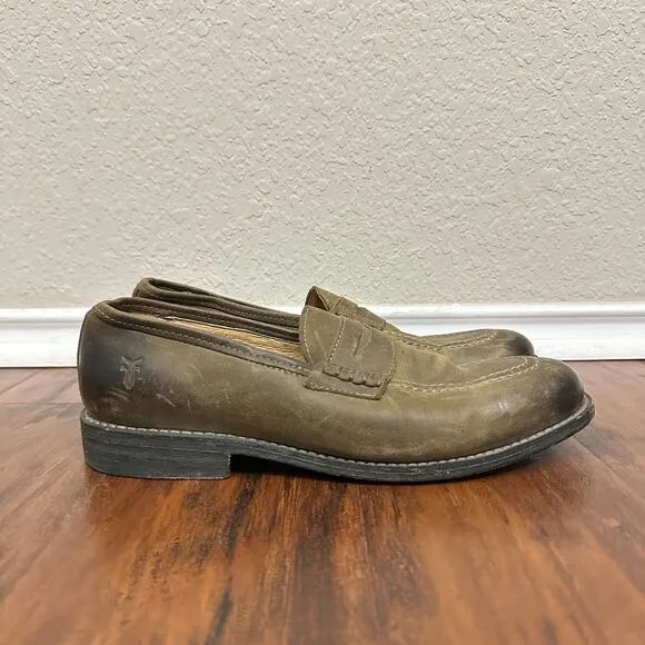 FRYE Mens John Addison Penny Loafers Taupe Leather Slip On Shoes Business