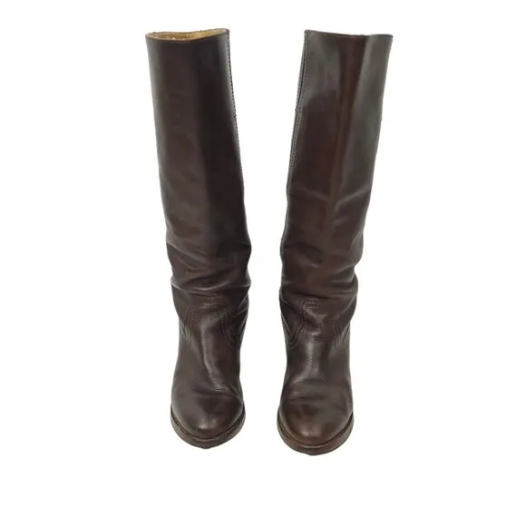 Frye Tall Boots Brown Leather Pull On Women Size 6.5 Western Block Heel Boot