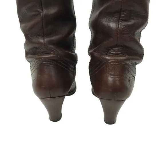 Frye Tall Boots Brown Leather Pull On Women Size 6.5 Western Block Heel Boot
