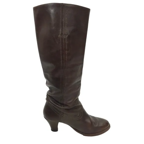 Frye Tall Boots Brown Leather Pull On Women Size 6.5 Western Block Heel Boot