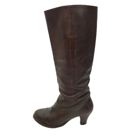 Frye Tall Boots Brown Leather Pull On Women Size 6.5 Western Block Heel Boot