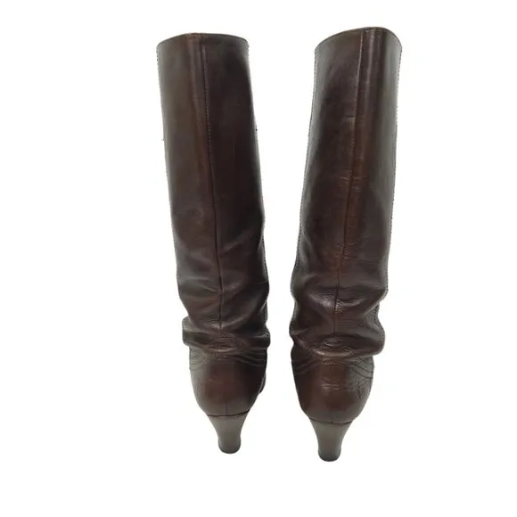 Frye Tall Boots Brown Leather Pull On Women Size 6.5 Western Block Heel Boot