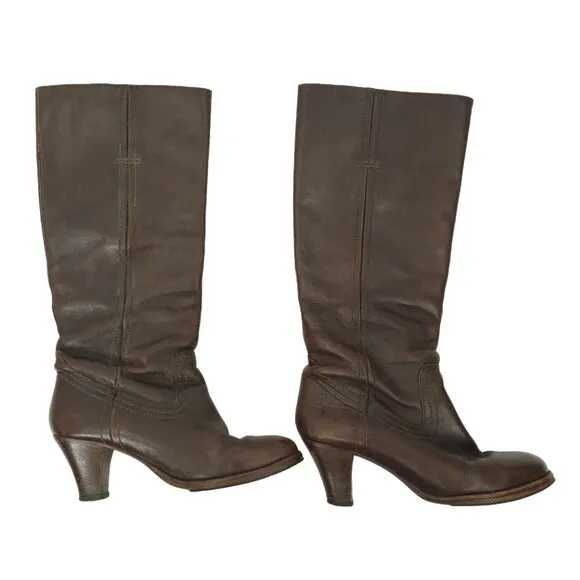 Frye Tall Boots Brown Leather Pull On Women Size 6.5 Western Block Heel Boot