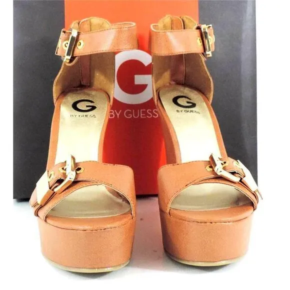 G by Guess Honey Platform Wedge Heels Sandals Medium Natural Size 10