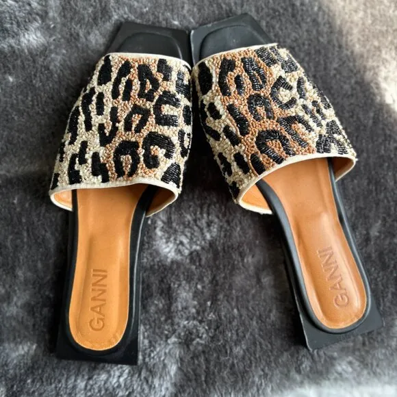 Ganni Leopard Beaded Square Toe Sandals