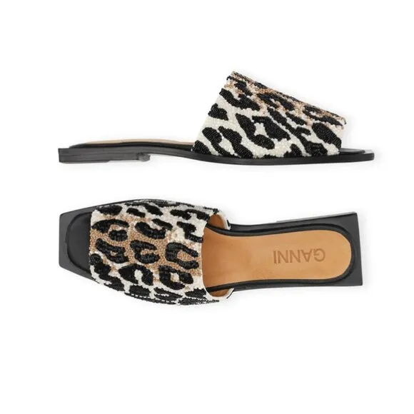 Ganni Leopard Beaded Square Toe Sandals