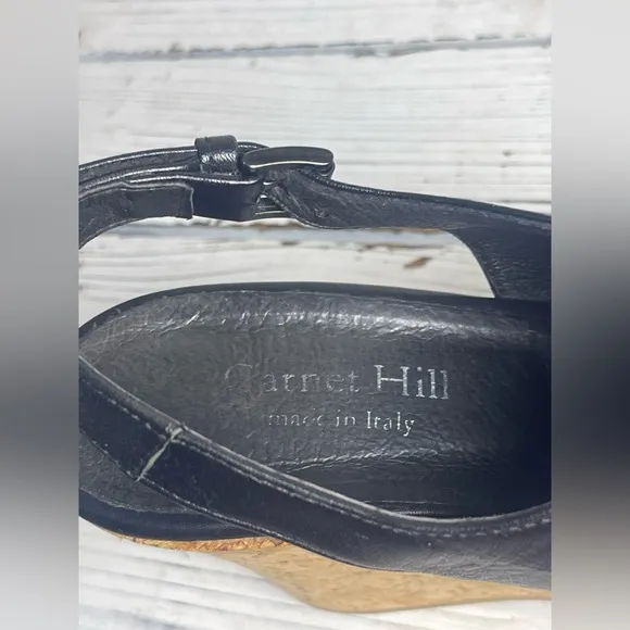 Garnet Hill Black Leather Peep Toe Ultra High Slingback Wedge Sandals Sz 9
