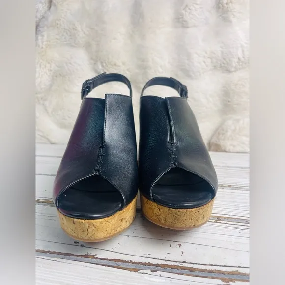 Garnet Hill Black Leather Peep Toe Ultra High Slingback Wedge Sandals Sz 9