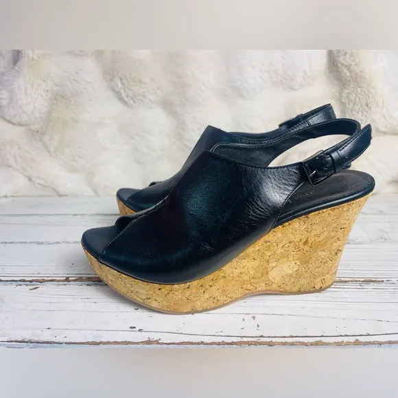 Garnet Hill Black Leather Peep Toe Ultra High Slingback Wedge Sandals Sz 9