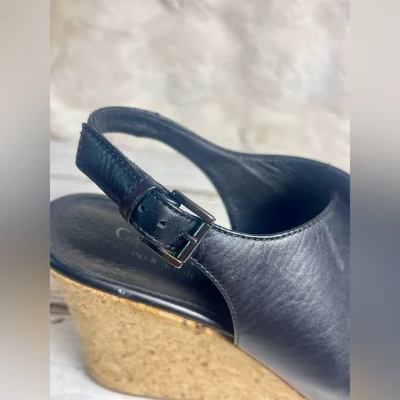 Garnet Hill Black Leather Peep Toe Ultra High Slingback Wedge Sandals Sz 9