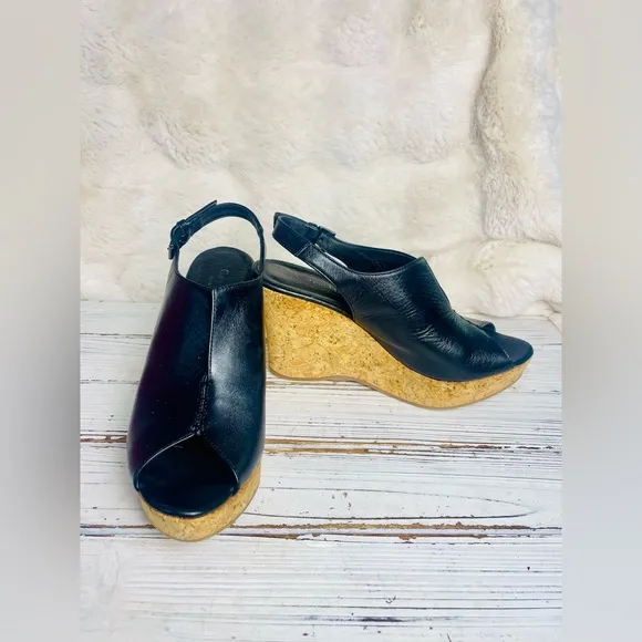 Garnet Hill Black Leather Peep Toe Ultra High Slingback Wedge Sandals Sz 9