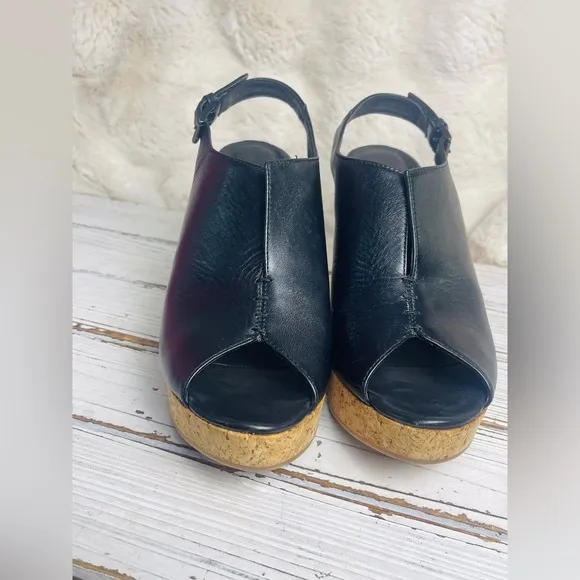 Garnet Hill Black Leather Peep Toe Ultra High Slingback Wedge Sandals Sz 9