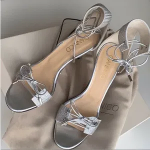 Giannico Silver Swarovski Crystal Studded Ankle Toe Tie High Heel Sandals 8 1/2
