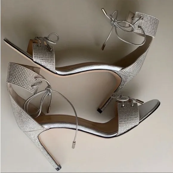 Giannico Silver Swarovski Crystal Studded Ankle Toe Tie High Heel Sandals 8 1/2