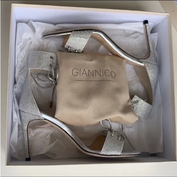 Giannico Silver Swarovski Crystal Studded Ankle Toe Tie High Heel Sandals 8 1/2