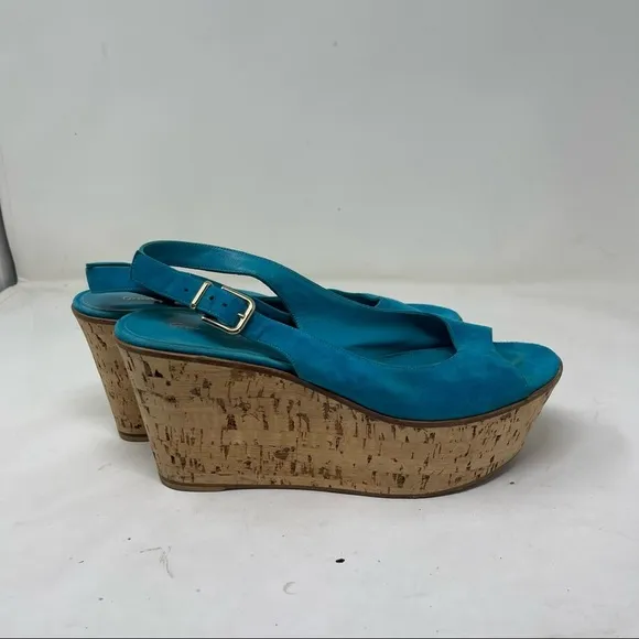 Gianvito Rossi turquoise Suede Cork Wedge Peep Toe Platform Slingback Sandals 10